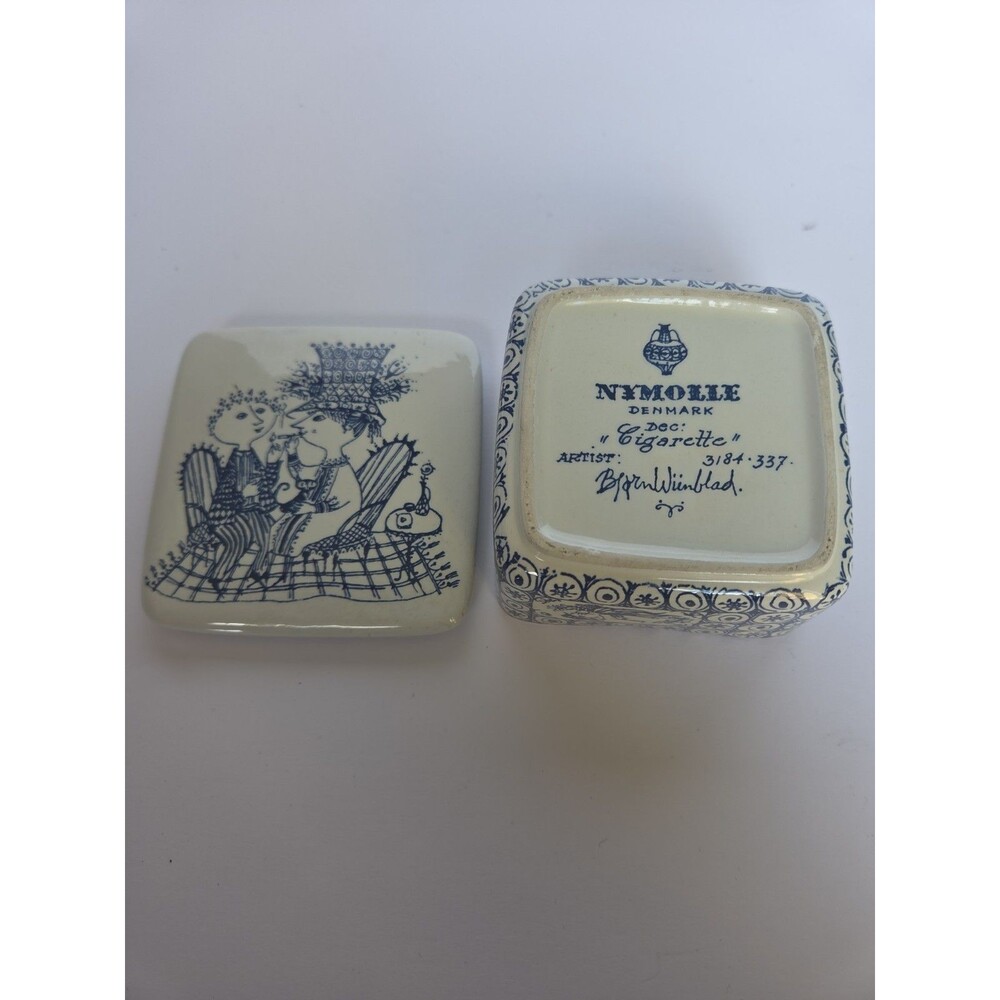 VTG Nymolle Denmark Bjorn Wiinblad Cigarette Blue White Porcelain Trinket Box